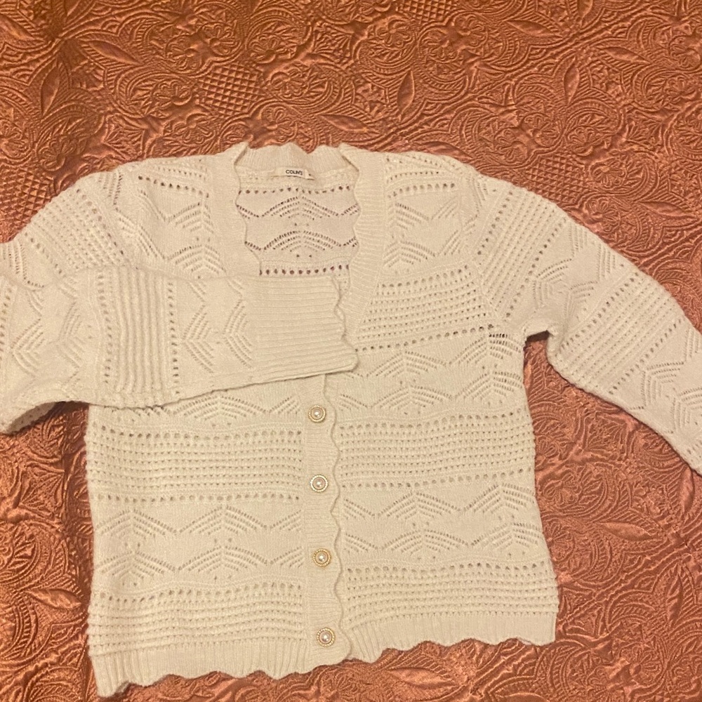 Open-Knit Cropped Cardigan Sweater in Cream